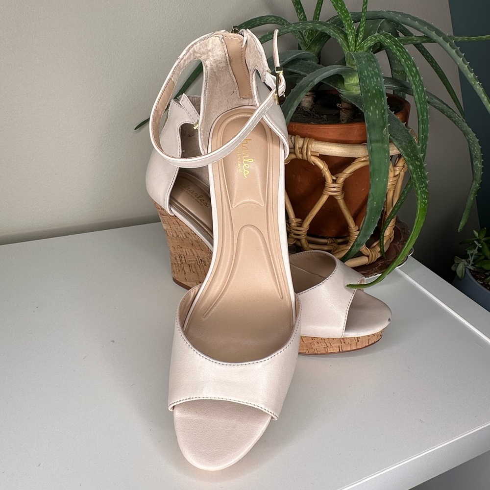 Charles by Charles David Lois Nude Cork Wedge Sandals Ankle Strap Platform 11M - Picture 3 of 15